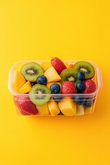 Fresh Fruit Salad in Plastic Container on Yellow Background Overhead Studio Shot Healthy Eating Diet