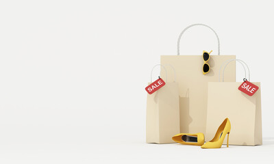 Elegant minimal scene with sale shopping bags, high heels, and sunglasses set against soft yellow background and round stage. 3d rendering.