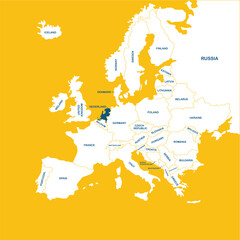 Fototapeta premium Netherland vector map, Europe, vector map silhouette illustration isolated on Europe map. Editable blank vector map of Europe. 
