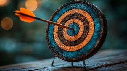 Target Hit: Arrow in Bullseye: A close-up shot of an arrow piercing the bullseye of a rustic, hand-crafted wooden target, symbolizing accuracy, precision and success.