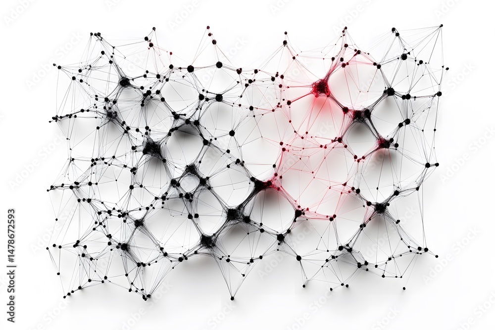 Poster abstract connection network of dots and lines on a white background with red highlights