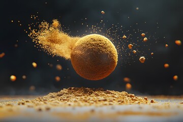 Abstract conceptual illustration of particle explosion with floating sphere and dust elements
