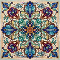Fototapeta premium Symmetrical mandala illustration with flowing organic shapes and vibrant colors including teal, blue, purple, and gold