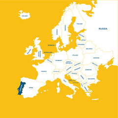 Portugal vector map, Europe, vector map silhouette illustration isolated on Europe map. Editable blank vector map of Europe. 