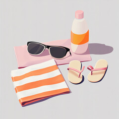 A flat lay of summer essentials sunscreen, sunglasses, flip flops, and a beach towel