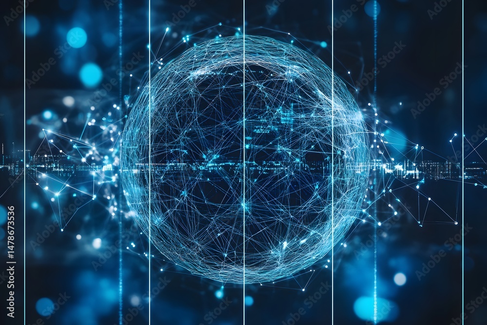 Poster abstract digital globe representing global connection and data visualization on a dark background