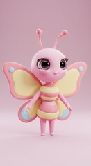 Obraz premium Adorable 3D Render of a Cute Pink Butterfly Character Design A whimsical digital art creation showcasing a charming insect with large eyes and pastel wings.