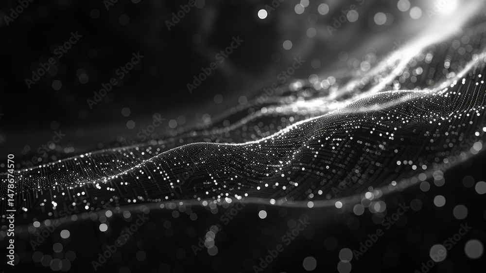 Poster futuristic digital network visualization with glowing nodes and lines on a dark background. abstract