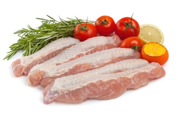 Raw chicken wings close up with rosemary tomatoes and lemon on white background studio shot food photography