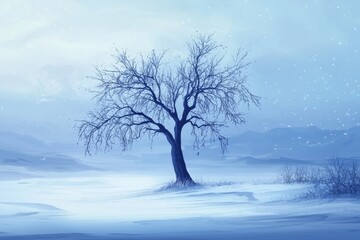Fototapeta premium The beauty of a lonely tree in a serene snowy environment.
