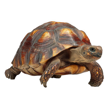 A close up studio shot of a turtle with a patterned shell against a black background