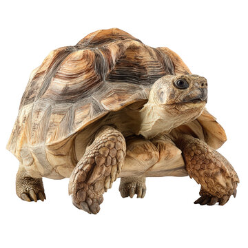 Close up of a turtle with a patterned shell walking slowly on a black background