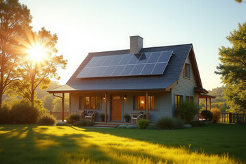 Obraz premium Modern Solar Powered House, Eco Friendly Sustainable Architecture, Clean Energy Living