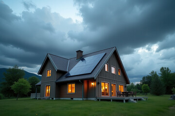 Obraz premium Modern Solar Powered House, Eco Friendly Sustainable Architecture, Clean Energy Living