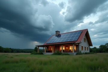 Obraz premium Modern Solar Powered House, Eco Friendly Sustainable Architecture, Clean Energy Living