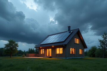 Obraz premium Modern Solar Powered House, Eco Friendly Sustainable Architecture, Clean Energy Living