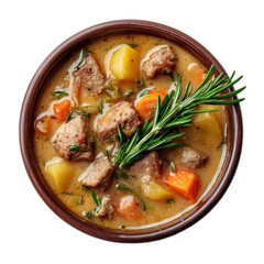 A close-up shot of a hearty stew in a rustic bowl, garnished with fresh herbs