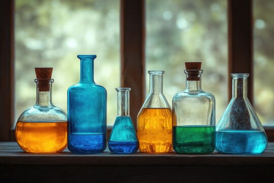 Five glass bottles with different colored liquids sit on a wooden surface near a window.