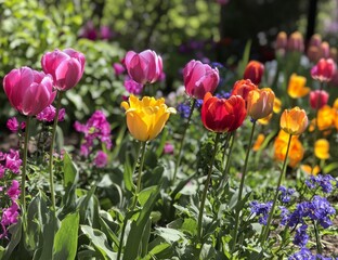 Obraz premium A vibrant display of spring flowers blooming in various colors.