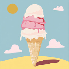 A melting triple-scoop ice cream cone under the hot sun, with pastel backgrounds