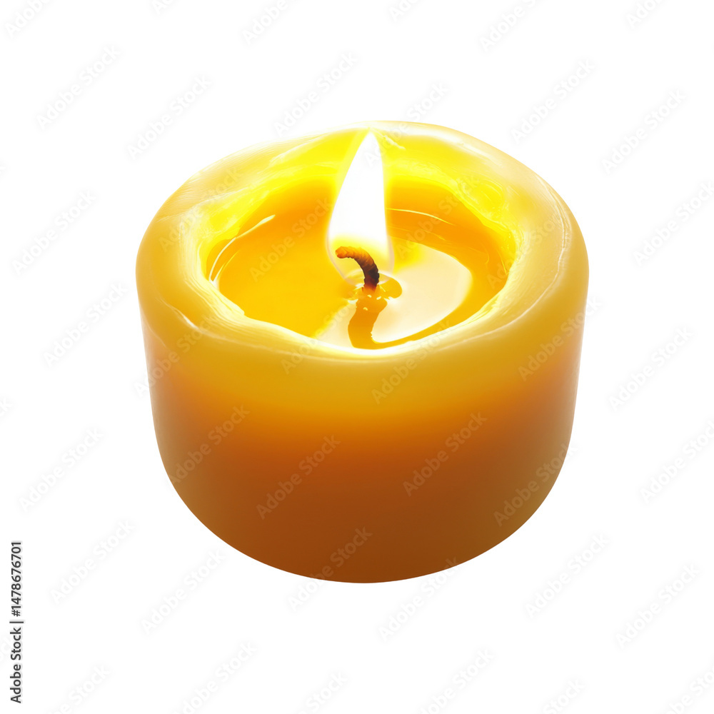 Poster glowing yellow candle with flickering flame, creating warm and inviting atmosphere. Perfect for relaxation or ambiance in any setting