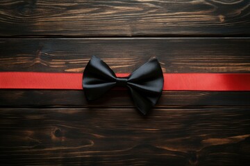Black bow tie resting on a red ribbon across a dark brown wooden surface top down view