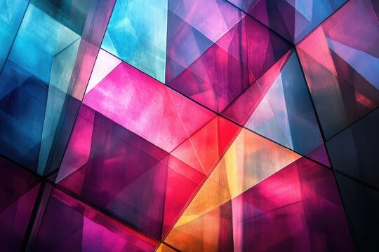 Abstract geometric pattern of colorful glass panels creating a vibrant, multifaceted design.