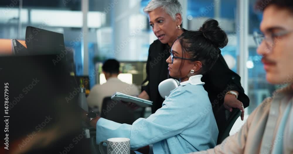 Poster People, training and computer programmer in office for IT support, problem solving and software update. Woman, manager and feedback with tech for web development, reading information or coding system