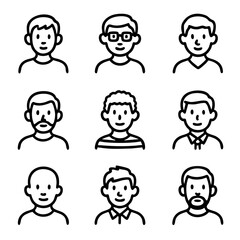 A set of doodle line icons featuring diverse male avatars with different hairstyles, facial hair, glasses, and clothing styles