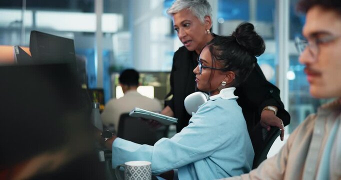 People, training and computer programmer in office for IT support, problem solving and software update. Woman, manager and feedback with tech for web development, reading information or coding system