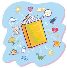 Fototapeta premium Cartoon style storybook illustration with fantasy elements bursting out of the pages.