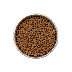 A close-up shot of a round metal bowl filled with dry pet food