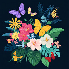 A vibrant bloom of tropical flowers in full summer color, with butterflies fluttering