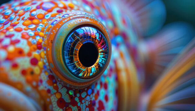 Closeup of colorful fish eye with detailed reflections inside bright home aquarium, showcasing vibrant micro world exploration that captivates viewer imagination