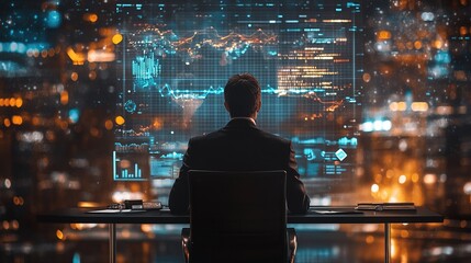 A business leader sitting at a luxury desk, analyzing global financial data on a massive holographic screen 