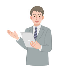 タブレットを持って説明をするビジネスマン