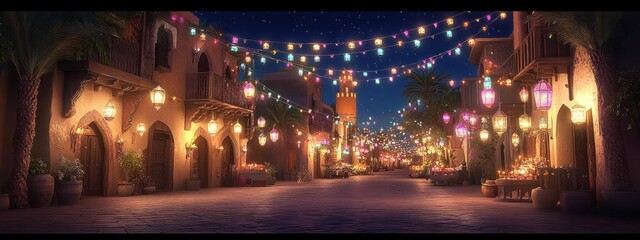 Obraz premium Charming Moroccan street illuminated by lanterns and lights.