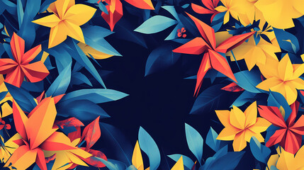 Colorful floral design with strong geometric shapes and origami cranes on bright yellow and dark blue backgrounds. [Silicon Wilderness] | Iron Petals | hard bloom. Illustration