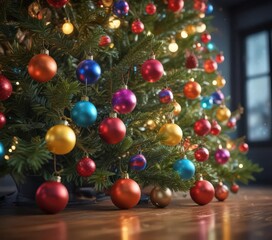 Vibrant baubles adorn a glowing Christmas tree, bokeh lights surround ,  merry,  christmas lights