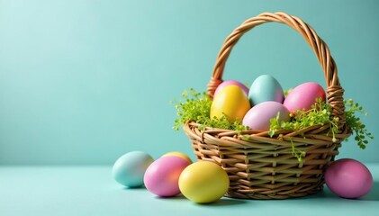 Colorful Easter eggs nestled in a woven Easter basket, springtime celebration , wicker, pastel, woven