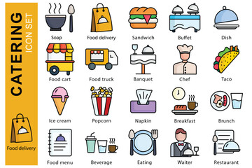 Catering icon set. colored outline icon style. containing icon soup, buffet, dish and more. catering element vector illustration