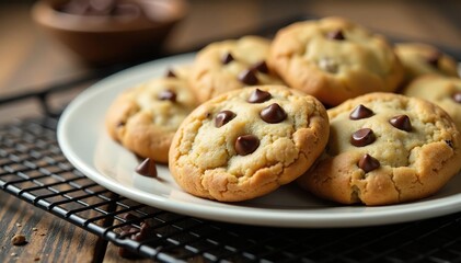 Warm, gooey chocolate chip cookies on a baking sheet, cooling rack, and plate , soft, irresistible