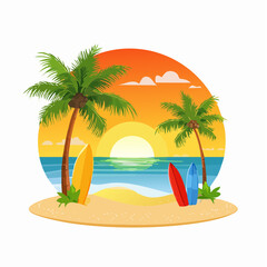 Tropical Beach Sunset with Surfboards and Palm Trees


