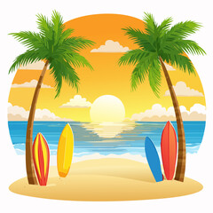Tropical Beach Sunset with Surfboards and Palm Trees


