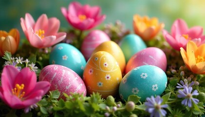 Fototapeta premium Colorful patterned Easter eggs nestled in a spring flower arrangement A festive springtime display , happy, bunny