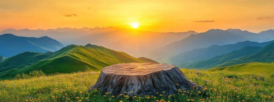 Sunset over mountains, tree stump in wildflower meadow. - Powered by Adobe