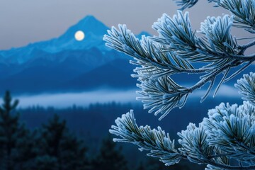 Frost-covered pine branch in the foreground, with a majestic, snow-capped mountain and moon in the background.