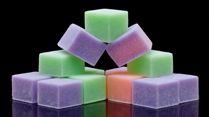 Colorful Sugar Cubes Pyramid with Sweet Treats, and Black Background.