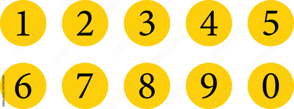 Poster numbers in dark yellow circle. number in round circle vector illustration.