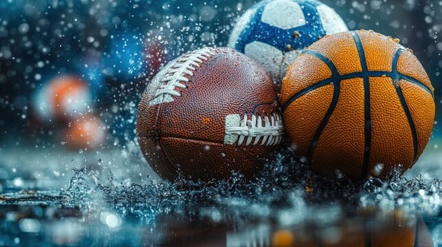 Various sports balls in a puddle of water